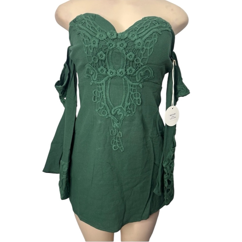 Green Off Shoulder Boho Dress with Crochet Detail